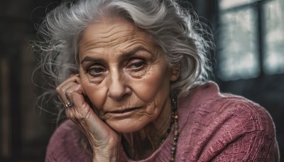 1girl,solo,looking at viewer,blue eyes,jewelry,closed mouth,upper body,white hair,grey hair,indoors,hand up,necklace,blurry,sweater,grey eyes,window,depth of field,blurry background,ring,messy hair,portrait,hand on own face,realistic,old,old man,pink sweater,old woman,wrinkled skin,black eyes,head rest,pearl necklace