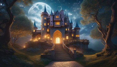 outdoors,sky,cloud,tree,no humans,night,moon,grass,building,star (sky),night sky,scenery,full moon,starry sky,stairs,fantasy,castle,tower,moonlight,water,bridge,river,arch