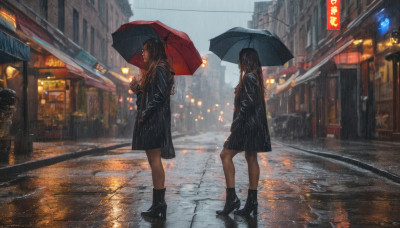 long hair, multiple girls, skirt, brown hair, long sleeves, holding, 2girls, standing, jacket, boots, outdoors, shoes, black skirt, black footwear, high heels, profile, umbrella, ground vehicle, building, scenery, high heel boots, walking, rain, holding umbrella, city, car, road, street, crosswalk, sidewalk