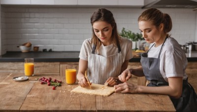 long hair,multiple girls,brown hair,shirt,holding,2girls,closed mouth,closed eyes,white shirt,ponytail,short sleeves,food,indoors,blurry,apron,cup,table,knife,t-shirt,plate,drinking glass,realistic,fork,holding knife,kitchen,counter,cutting board,short hair,sitting,hair bun,lips,fruit,looking down,single hair bun,plant,pointing,glass,cooking,writing,restaurant