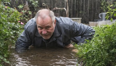 solo,looking at viewer,smile,short hair,shirt,long sleeves,1boy,closed mouth,jacket,white hair,male focus,outdoors,day,blurry,leaning forward,facial hair,plant,denim,blue jacket,rain,realistic,old,old man,wrinkled skin,denim jacket,pants,water,black eyes,black jacket,blurry background,leaf,parody,grass,manly