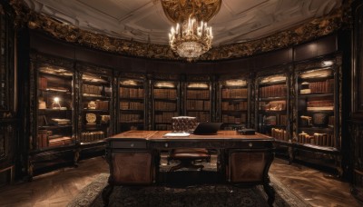 indoors,book,no humans,chair,table,scenery,wooden floor,bookshelf,lamp,candle,library,ceiling,carpet,candlestand,rug,chandelier,cabinet