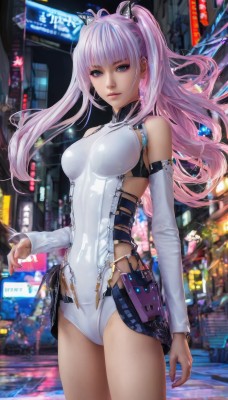 1girl,solo,long hair,breasts,looking at viewer,bangs,blue eyes,bare shoulders,twintails,jewelry,medium breasts,standing,pink hair,multicolored hair,cowboy shot,earrings,parted lips,detached sleeves,blurry,leotard,lips,bodysuit,covered navel,skin tight,science fiction,city,white leotard,hair ornament,long sleeves,closed mouth,thighs,outdoors,artist name,signature,streaked hair,makeup,night,depth of field,blurry background,turtleneck,watermark,building,motor vehicle,pink lips,realistic,car,road,street,city lights,neon lights