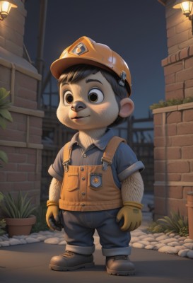 solo,smile,short hair,shirt,black hair,gloves,1boy,hat,brown eyes,closed mouth,standing,full body,short sleeves,male focus,boots,outdoors,sky,shoes,collared shirt,pants,artist name,black footwear,vest,night,blue shirt,plant,child,night sky,furry,pocket,potted plant,lamp,overalls,furry male,male child,brick wall,lamppost,yellow gloves,brown hair,helmet,realistic