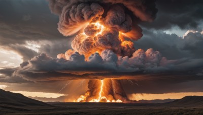 outdoors,sky,cloud,no humans,sunlight,cloudy sky,scenery,smoke,sunset,mountain,sun,explosion,lightning,molten rock,fire