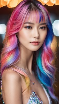 1girl,solo,long hair,breasts,looking at viewer,bangs,cleavage,bare shoulders,brown eyes,jewelry,medium breasts,closed mouth,blue hair,upper body,pink hair,purple hair,multicolored hair,necklace,blurry,black eyes,two-tone hair,lips,eyelashes,gradient hair,makeup,web address,eyeshadow,realistic,nose,dress,artist name,watermark,gem,bokeh