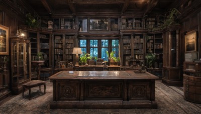 sky,day,indoors,cup,book,no humans,window,chair,table,sunlight,bottle,plant,box,scenery,desk,lantern,wooden floor,stairs,door,clock,bookshelf,potted plant,lamp,candle,stool,shelf,carpet,flower pot,barrel,cabinet,globe,picture frame,painting (object),candlestand,chandelier,fireplace,wooden chair,loaded interior