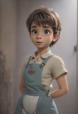 1girl,solo,looking at viewer,short hair,brown hair,shirt,brown eyes,white shirt,short sleeves,cowboy shot,parted lips,collared shirt,blurry,lips,blurry background,arms behind back,thick eyebrows,child,freckles,realistic,overalls,blue overalls,nose