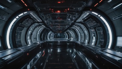 solo,no humans,robot,mecha,machinery,science fiction,realistic,spacecraft,lights,cockpit,indoors,glowing,scenery,cable,space,machine