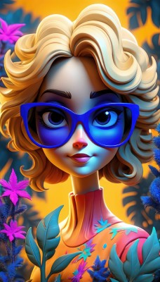 1girl,solo,looking at viewer,smile,short hair,blue eyes,blonde hair,upper body,flower,parted lips,glasses,artist name,lips,eyelashes,makeup,turtleneck,leaf,sunglasses,plant,lipstick,portrait,eyeshadow,curly hair,tinted eyewear,blue-framed eyewear,blue lips,blue-tinted eyewear,shirt,sweater,watermark,floral print,backlighting,blue flower,pink shirt,nose,orange shirt,pink sweater,orange sweater