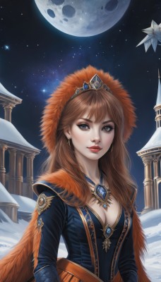 1girl,solo,long hair,breasts,looking at viewer,blue eyes,brown hair,long sleeves,dress,cleavage,jewelry,medium breasts,upper body,earrings,outdoors,parted lips,sky,signature,necklace,lips,grey eyes,fur trim,makeup,night,watermark,moon,tiara,crown,lipstick,gem,star (sky),night sky,snow,full moon,starry sky,snowing,red lips,pillar,bangs,artist name,realistic