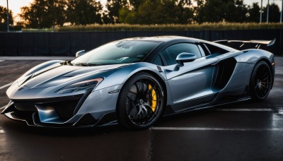 outdoors,tree,no humans,shadow,ground vehicle,motor vehicle,fence,car,road,vehicle focus,lamppost,wheel,sports car,solo,bush