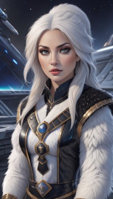 1girl,solo,long hair,breasts,looking at viewer,blue eyes,long sleeves,jewelry,medium breasts,upper body,white hair,parted lips,sky,artist name,mole,lips,grey eyes,fur trim,makeup,night,lipstick,gem,star (sky),eyeshadow,starry sky,freckles,red lips,space,blush,closed mouth,ponytail,weapon,earrings,belt,parted bangs,scar,rifle,forehead,fur collar