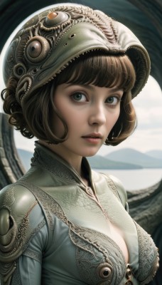 1girl,solo,breasts,looking at viewer,short hair,bangs,brown hair,cleavage,medium breasts,green eyes,upper body,parted lips,blurry,lips,blurry background,helmet,curly hair,realistic,nose,fantasy,black hair,teeth,blunt bangs,armor,black eyes,eyelashes