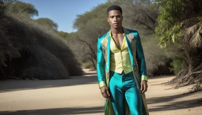 HQ,solo,looking at viewer,shirt,black hair,1boy,standing,jacket,male focus,outdoors,open clothes,day,pants,black eyes,tree,yellow shirt,realistic,sky,dark skin,vest,parody,formal,dark-skinned male