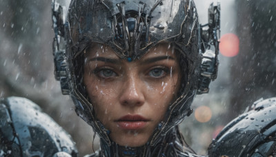 1girl, solo, looking at viewer, black hair, dark skin, armor, blurry, black eyes, dark-skinned female, lips, blurry background, helmet, portrait, science fiction, rain, realistic