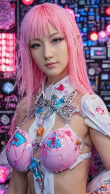 1girl,solo,long hair,breasts,looking at viewer,smile,bangs,blue eyes,jewelry,medium breasts,closed mouth,underwear,upper body,pink hair,pointy ears,bra,armor,blurry,lips,makeup,blurry background,gem,science fiction,realistic,pink bra,bikini armor,artist name,eyelashes,watermark,piercing,shoulder armor,revealing clothes,pauldrons,pink lips,nose