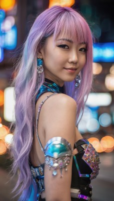 1girl,solo,long hair,breasts,looking at viewer,smile,bangs,bare shoulders,jewelry,closed mouth,upper body,pink hair,purple hair,multicolored hair,earrings,choker,blurry,black eyes,lips,makeup,depth of field,blurry background,armlet,realistic,bustier,dress,medium breasts,armor,from side,gem