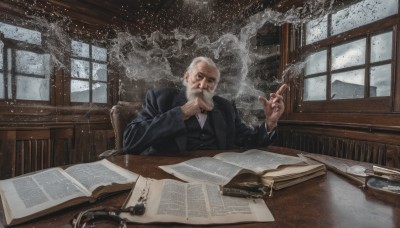 solo,shirt,long sleeves,1boy,holding,sitting,jacket,white hair,male focus,indoors,black jacket,book,window,facial hair,chair,formal,table,suit,beard,snow,desk,smoke,rain,cigarette,snowing,paper,open book,realistic,mustache,smoking,pen,bald,manly,old,old man,holding cigarette,newspaper,cigar,looking at viewer,white shirt,upper body,grey hair,necktie,collared shirt,vest,scar,black necktie,scar on face,black vest,wrinkled skin,elbows on table