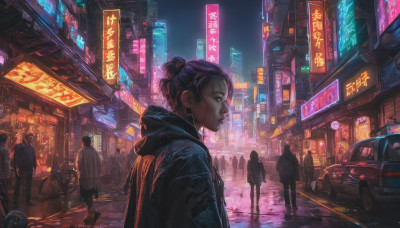 1girl, multiple girls, black hair, jacket, outdoors, multiple boys, solo focus, hood, night, ground vehicle, building, scenery, motor vehicle, city, sign, realistic, car, road, street, cyberpunk, neon lights