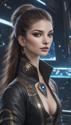 1girl,solo,long hair,breasts,looking at viewer,brown hair,cleavage,brown eyes,jewelry,medium breasts,closed mouth,collarbone,jacket,upper body,ponytail,earrings,small breasts,open clothes,necklace,hair bun,mole,blurry,lips,black jacket,eyelashes,mole under eye,makeup,blurry background,brooch,gem,forehead,freckles,realistic,nose,red lips,hair pulled back,artist name,indoors,signature,bodysuit,eyeshadow,eyeliner