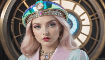 1girl,solo,long hair,looking at viewer,blue eyes,blonde hair,hat,jewelry,closed mouth,earrings,choker,artist name,necklace,lips,grey eyes,eyelashes,makeup,watermark,lipstick,gem,portrait,web address,eyeshadow,realistic,clock,red lips,gears