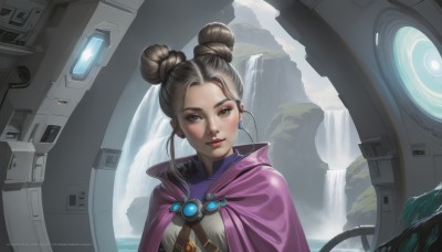 1girl,solo,breasts,looking at viewer,smile,short hair,brown hair,brown eyes,jewelry,closed mouth,upper body,earrings,artist name,water,hair bun,cape,lips,double bun,makeup,watermark,web address,cloak,science fiction,realistic,nose,cable,waterfall,blush,freckles