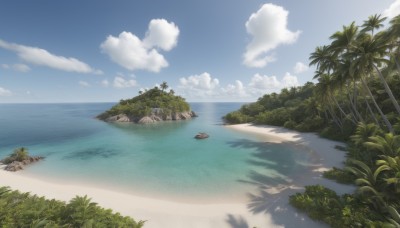 outdoors,sky,day,cloud,water,tree,blue sky,no humans,shadow,ocean,beach,cloudy sky,grass,plant,nature,scenery,forest,rock,sand,palm tree,horizon,bush,summer,shore,island,waves