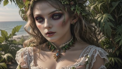 1girl,solo,long hair,breasts,looking at viewer,blush,brown hair,hair ornament,dress,cleavage,brown eyes,jewelry,green eyes,collarbone,upper body,flower,earrings,outdoors,parted lips,teeth,choker,day,hair flower,necklace,blurry,lips,eyelashes,makeup,depth of field,blurry background,ocean,leaf,wavy hair,beach,plant,gem,portrait,lace,close-up,eyeshadow,freckles,realistic,nose,red lips,mascara,medium breasts,sky,water,sunlight,lace trim