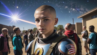 looking at viewer,short hair,multiple girls,jacket,male focus,outdoors,multiple boys,sky,solo focus,dark skin,hood,bag,armor,mole,blurry,lips,hoodie,night,backpack,shoulder armor,building,star (sky),freckles,6+boys,realistic,bald,very short hair,american flag,buzz cut,1girl,smile,shirt,scarf,starry sky,crowd,astronaut