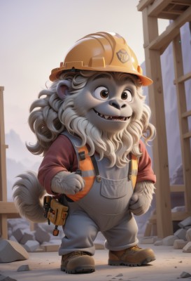 solo,long hair,smile,open mouth,shirt,1boy,hat,brown eyes,standing,tail,full body,male focus,outdoors,shoes,teeth,bag,fangs,brown footwear,helmet,red shirt,furry,walking,rock,overalls,furry male,hardhat,gloves,animal ears,boots,artist name,watermark,sharp teeth,curly hair,grey fur