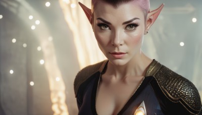 1girl,solo,breasts,looking at viewer,short hair,cleavage,brown eyes,jewelry,medium breasts,collarbone,upper body,earrings,pointy ears,armor,blurry,lips,eyelashes,blurry background,elf,shoulder armor,freckles,pauldrons,realistic,nose,brown hair,green eyes,makeup,scar,portrait,very short hair,shoulder pads