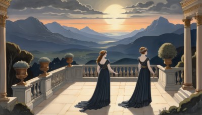 long hair,multiple girls,brown hair,dress,2girls,standing,outdoors,sky,cloud,3girls,hair bun,from behind,black dress,tree,blue dress,holding hands,single hair bun,cloudy sky,scenery,sunset,stairs,mountain,sun,bush,multiple others,pillar,statue,mountainous horizon,orange sky,column,hat,flower,short sleeves,sunlight,plant,reflection,wide shot,twilight