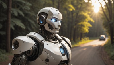 solo,blue eyes,1boy,upper body,male focus,outdoors,blurry,tree,no humans,blurry background,glowing,robot,nature,mecha,glowing eyes,forest,science fiction,android,road,looking ahead,humanoid robot,ground vehicle,motor vehicle,car,robot joints,autobot