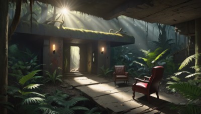 outdoors,indoors,tree,no humans,window,bed,shadow,leaf,chair,table,sunlight,plant,nature,scenery,couch,forest,light rays,door,light,lamp,shade,sunbeam,ruins,day,overgrown