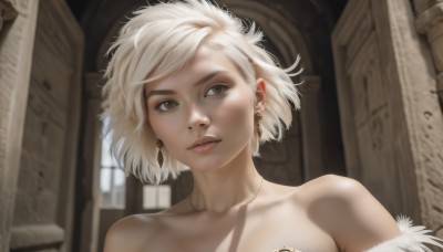 1girl,solo,short hair,blonde hair,bare shoulders,brown eyes,jewelry,closed mouth,collarbone,upper body,white hair,earrings,necklace,blurry,lips,looking to the side,fur trim,eyelashes,tattoo,blurry background,looking away,portrait,realistic,nose,looking at viewer,makeup,piercing,thick eyebrows,nipple piercing