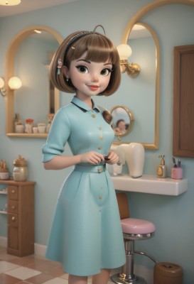 1girl,solo,breasts,looking at viewer,smile,short hair,bangs,brown hair,hair ornament,dress,brown eyes,jewelry,standing,flower,short sleeves,hairband,earrings,small breasts,hairclip,indoors,cup,lips,makeup,buttons,feet out of frame,blue dress,bob cut,antenna hair,lipstick,freckles,reflection,mirror,tiles,red lips,lamp,bathroom,stool,sink,cosmetics,cabinet,skirt,shirt,closed mouth,ahoge,blunt bangs,black eyes,blue skirt,watermark,bottle,nose