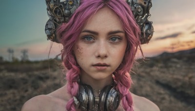 1girl,solo,long hair,looking at viewer,blue eyes,bare shoulders,closed mouth,pink hair,braid,outdoors,sky,artist name,blurry,twin braids,lips,grey eyes,blurry background,headgear,headphones,portrait,freckles,realistic,headphones around neck,desert,hair ornament,upper body,multicolored hair,parted lips,teeth,hair bun,parted bangs,eyelashes,double bun,makeup