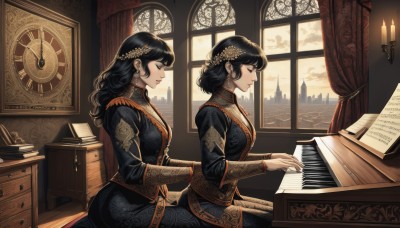 long hair,breasts,short hair,bangs,multiple girls,black hair,hair ornament,long sleeves,dress,2girls,jewelry,sitting,closed mouth,closed eyes,flower,earrings,sky,cloud,indoors,hair flower,medium hair,from side,book,window,profile,siblings,wavy hair,curtains,sisters,instrument,desk,twins,paper,music,clock,candle,playing instrument,piano,sheet music,necklace,uniform,black eyes,lips,epaulettes,curly hair,head wreath,laurel crown,candlestand