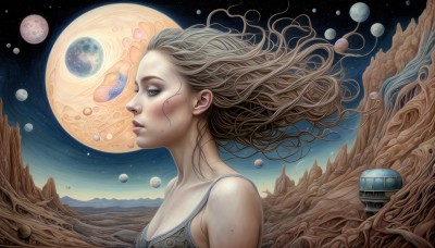 HQ,1girl,solo,long hair,breasts,blue eyes,brown hair,cleavage,bare shoulders,upper body,sky,tears,water,from side,lips,eyelashes,profile,makeup,floating hair,moon,crying,ground vehicle,star (sky),eyeshadow,starry sky,bubble,realistic,nose,space,planet,spacecraft,surreal,blush,blonde hair,medium breasts,mole,wind,science fiction,fantasy,earth (planet)