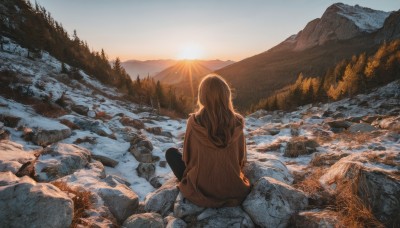 1girl,solo,long hair,brown hair,long sleeves,sitting,jacket,outdoors,sky,pants,hood,from behind,tree,hoodie,black pants,sunlight,hood down,nature,scenery,hooded jacket,snow,forest,sunset,brown jacket,rock,mountain,sun,facing away,winter,landscape,mountainous horizon,sunrise,water,river