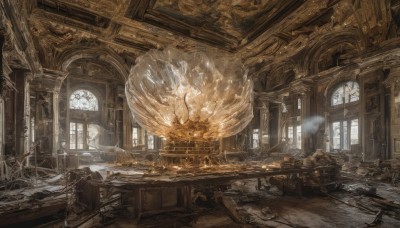 day,indoors,no humans,window,chair,sunlight,scenery,smoke,light rays,stairs,fantasy,architecture,ruins,broken,pillar,statue,ceiling,arch,treasure chest,broken window,table,candle,dust,chandelier