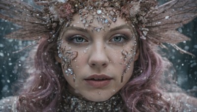 1girl,solo,long hair,looking at viewer,blue eyes,brown hair,hair ornament,closed mouth,green eyes,pink hair,parted lips,blurry,lips,grey eyes,eyelashes,makeup,gem,portrait,snow,close-up,freckles,snowing,realistic,feathers