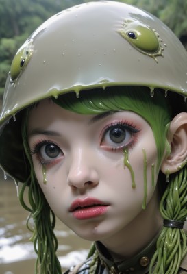 1girl,solo,long hair,looking at viewer,bangs,hat,brown eyes,jewelry,braid,earrings,outdoors,parted lips,green hair,day,artist name,water,blurry,black eyes,twin braids,lips,wet,eyelashes,makeup,blurry background,helmet,portrait,close-up,freckles,realistic,nose,red lips,frog,wet hair,dripping,green eyes,depth of field,water drop