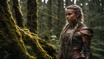 1girl,solo,long hair,breasts,blue eyes,closed mouth,upper body,braid,white hair,multicolored hair,outdoors,armor,blurry,tree,lips,fur trim,blurry background,shoulder armor,nature,forest,pauldrons,breastplate,realistic,nose,leather,chainmail,blonde hair,dark skin,dark-skinned female