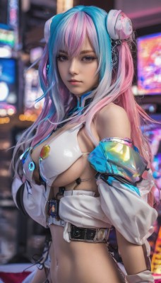 1girl,solo,long hair,breasts,looking at viewer,bangs,blue eyes,large breasts,hair ornament,navel,bare shoulders,medium breasts,closed mouth,blue hair,purple eyes,jacket,swimsuit,upper body,pink hair,bikini,multicolored hair,detached sleeves,belt,blurry,two-tone hair,lips,blurry background,white bikini,piercing,bikini top only,realistic,navel piercing,split-color hair,midriff,underboob,headgear