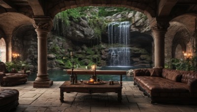 indoors,water,tree,no humans,chair,table,fire,plant,scenery,rock,stairs,fantasy,lamp,candle,ruins,bridge,pillar,waterfall,statue,torch,arch,column,stone floor,fountain,architecture,candlestand