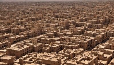 monochrome,outdoors,no humans,from above,building,scenery,city,cityscape,sepia,rooftop,brown theme,sky,ruins,skyscraper