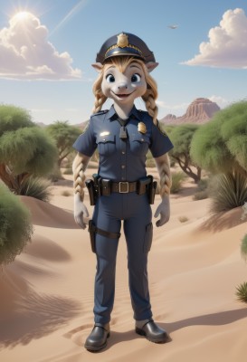 1girl,solo,long hair,looking at viewer,smile,open mouth,blue eyes,blonde hair,shirt,hat,animal ears,standing,full body,weapon,braid,outdoors,sky,shoes,teeth,day,pointy ears,belt,pants,cloud,uniform,twin braids,tree,blue sky,bird,blue shirt,furry,pocket,furry female,blue pants,breast pocket,holster,police,police uniform,policewoman,gloves,no humans,scenery,sun