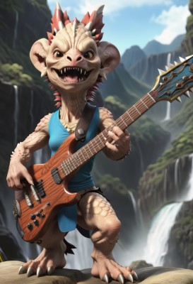 solo,open mouth,1boy,holding,standing,tail,full body,male focus,outdoors,horns,sky,shorts,teeth,day,cloud,water,blurry,black eyes,blue sky,no humans,blurry background,fangs,tank top,blue shirt,sharp teeth,instrument,claws,furry,rock,music,guitar,scales,furry male,playing instrument,holding instrument,electric guitar,waterfall,cliff,lizard,blue tank top,looking at viewer,monster,mountain,bass guitar,dinosaur